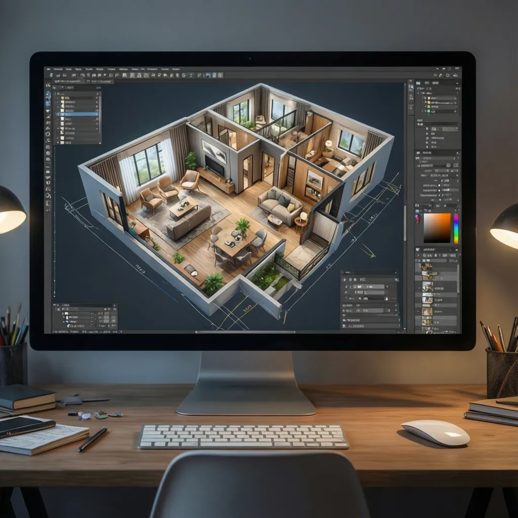 Diseño digital de distribución de vivienda en software 3D
