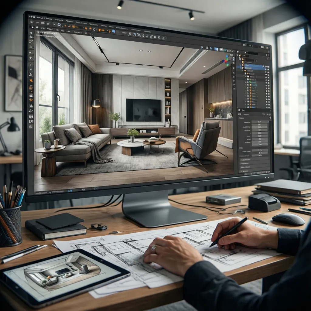 Persona diseñando la distribución de habitaciones en un software de planificación de interiores