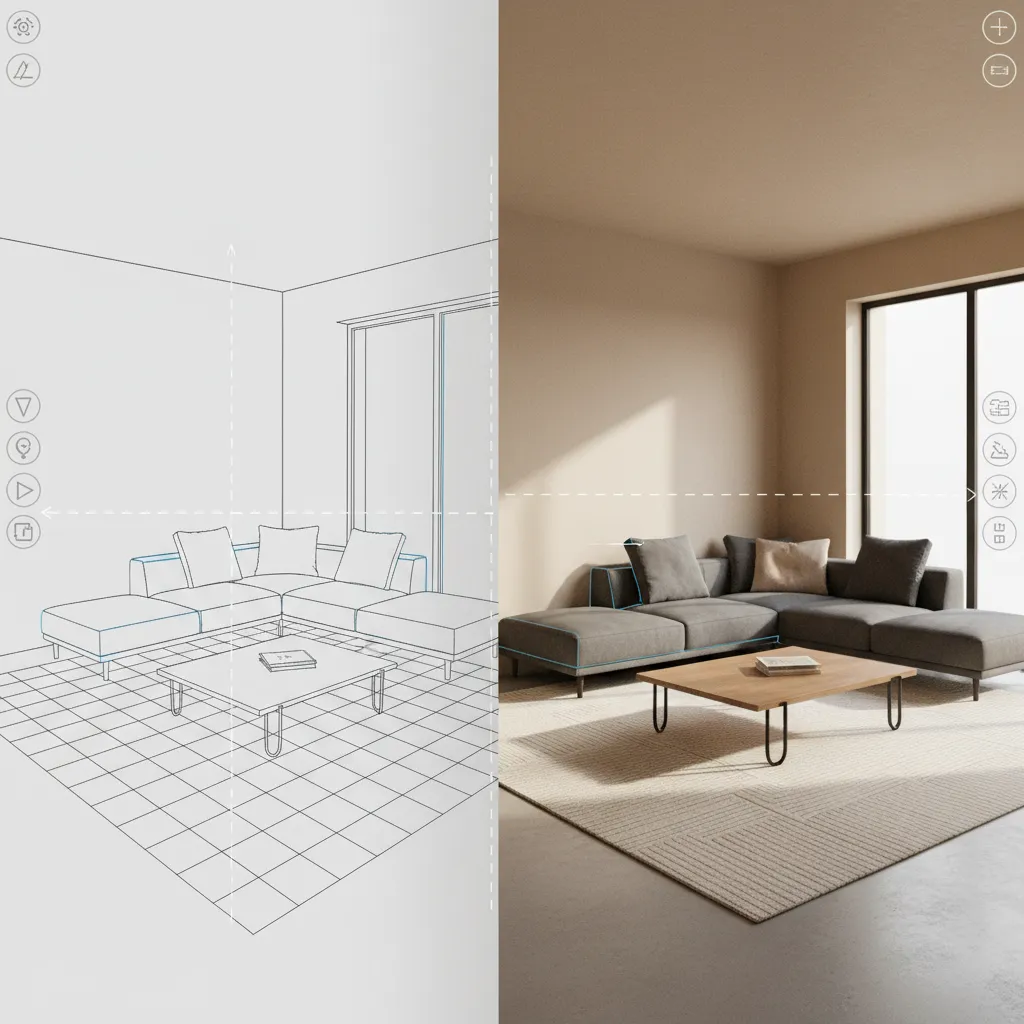 Vista de un plano de habitación transformándose en modelo 3D de sala de estar