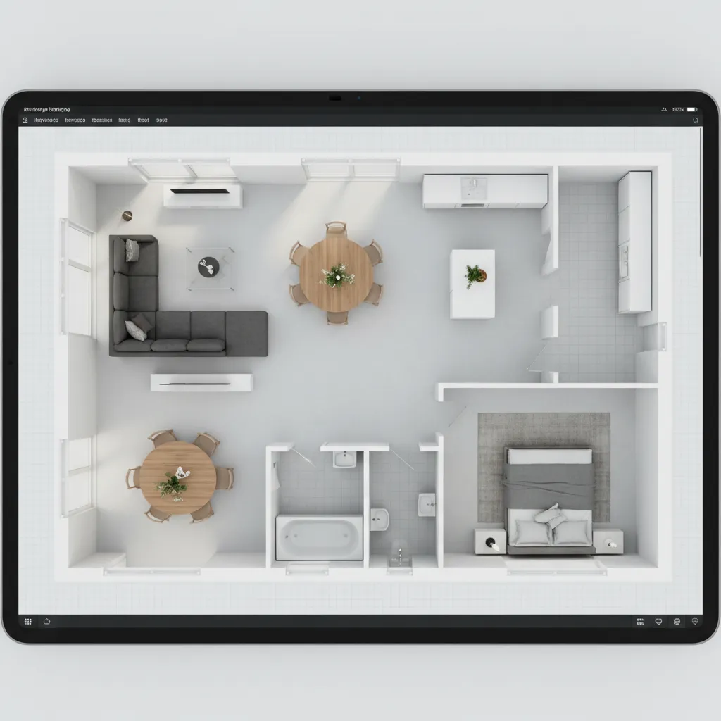 Diseño interior digital con muebles colocados en plano de casa