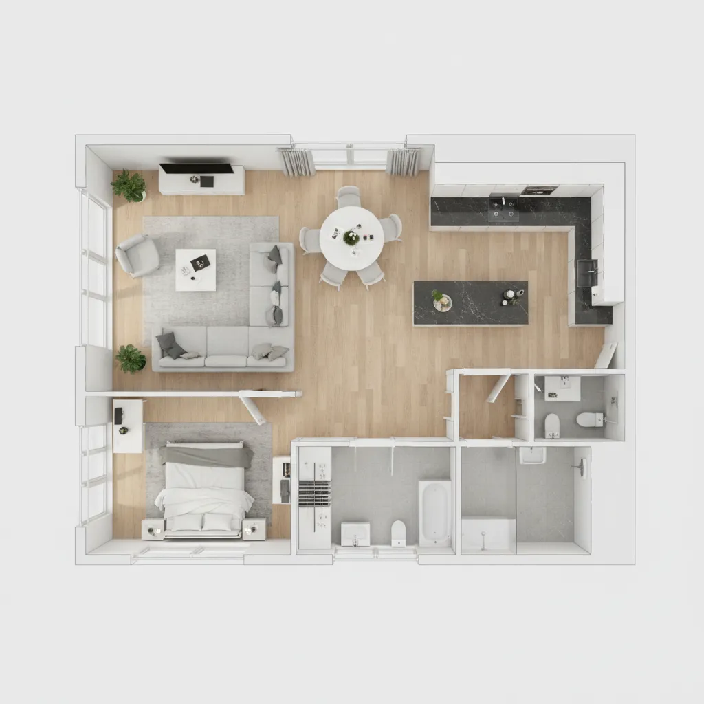 Plano digital de distribución de vivienda en 3D