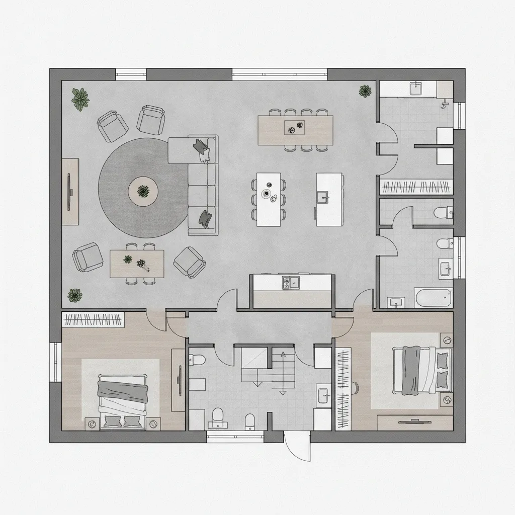 Diseño digital mostrando distribución de habitaciones en una vivienda