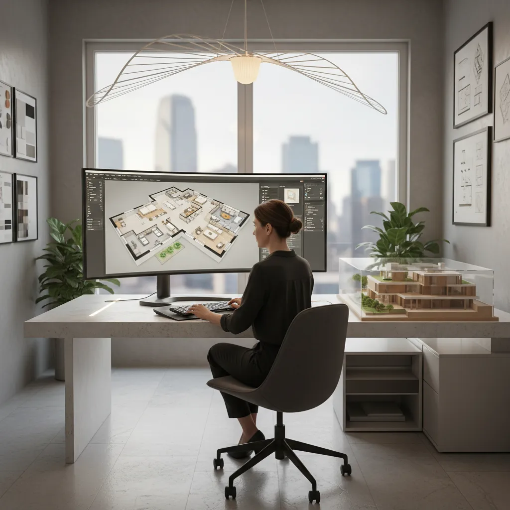 Diseñador revisando un plano de casa en software de diseño 3D