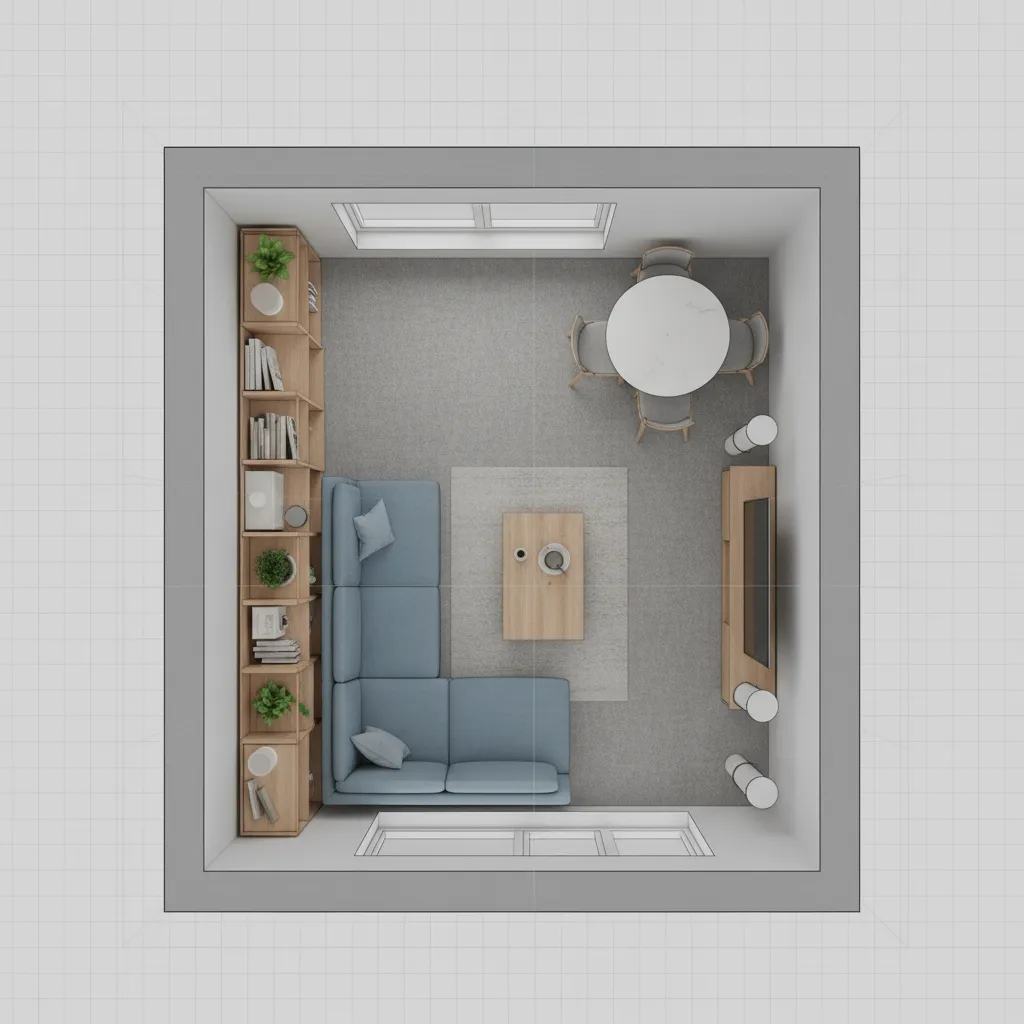 Vista superior de plano digital de habitación con muebles distribuidos