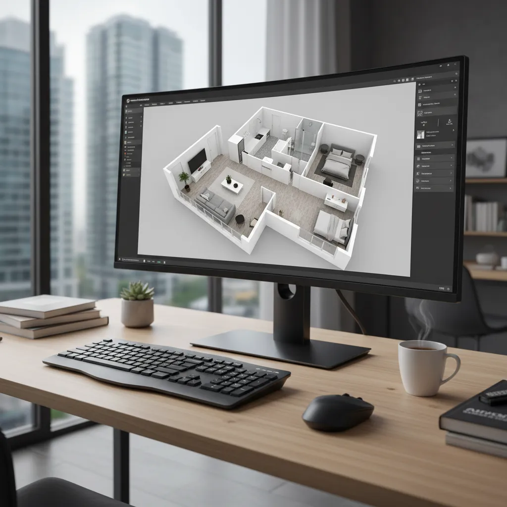 pantalla de computadora mostrando un plano 3D de apartamento