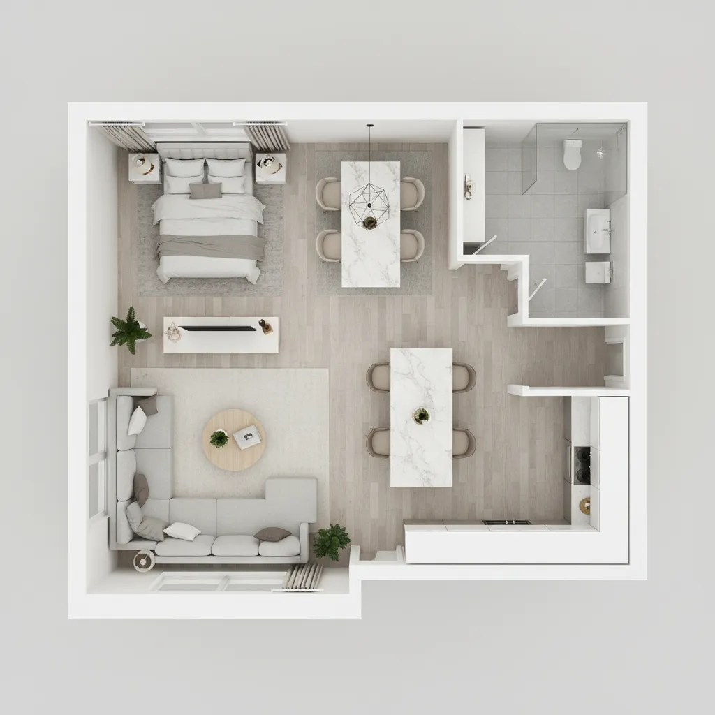 3D room layout showing a bedroom dining area kitchen bathroom and living room with sofa