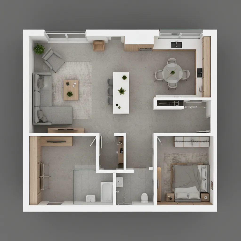 Top down interior design drawing of apartment showing kitchen living room bedroom bathroom and furniture layout