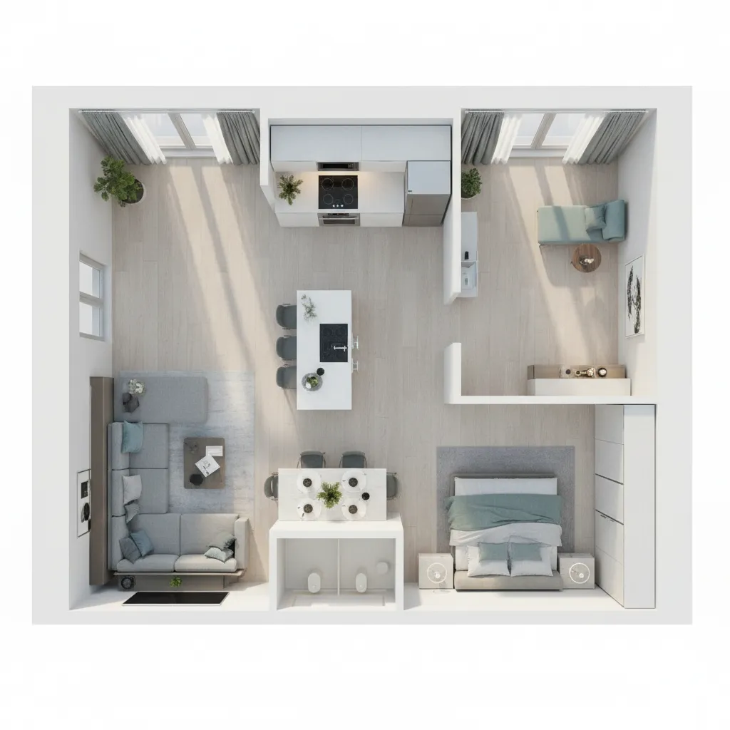 vista de plano 3D de un apartamento con distribución de muebles
