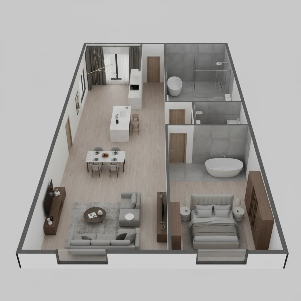 Plano 3D de una vivienda mostrando paredes y distribución