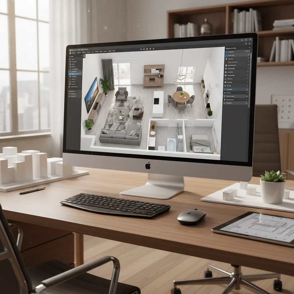 Desktop monitor displaying a colorful three dimensional room layout on a clean wooden office desk