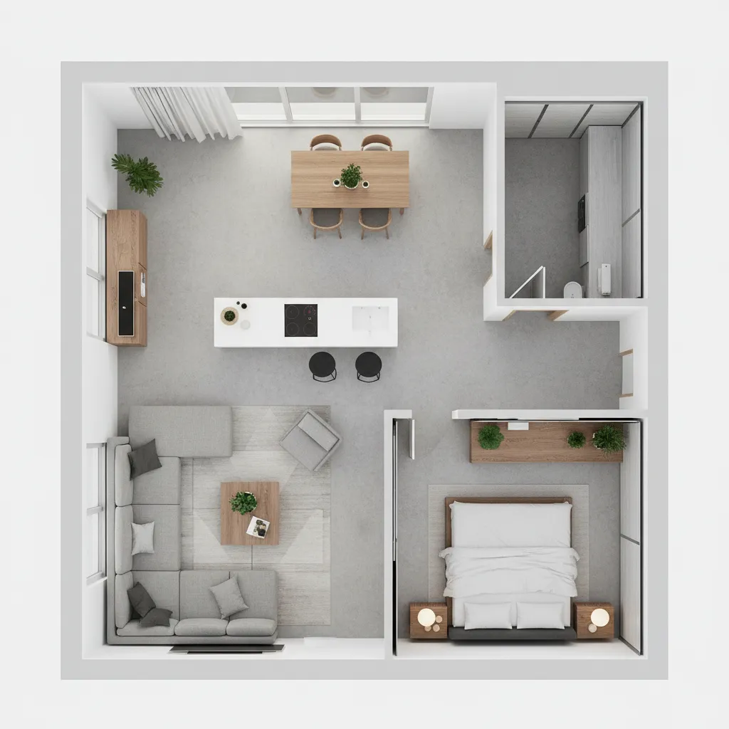 Plano 3D de una vivienda con distribución de muebles
