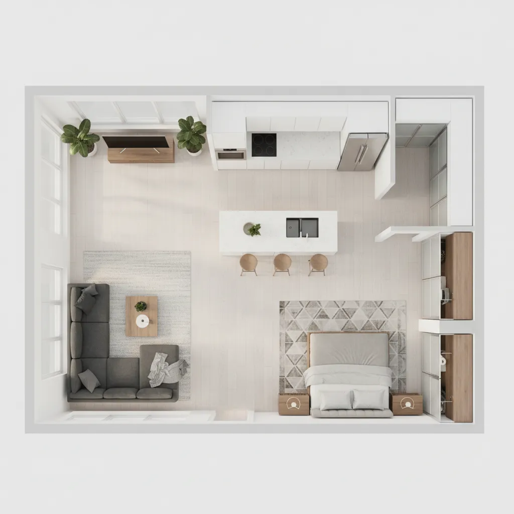 Plano 3D de un apartamento con distribución de muebles