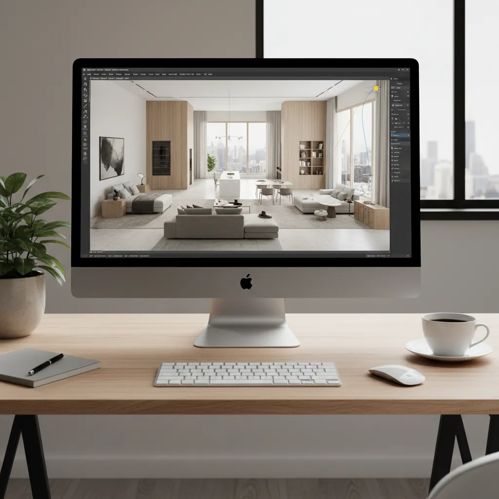 Computer monitor on wooden desk showing Coohom interior design drawing of modern living room layout