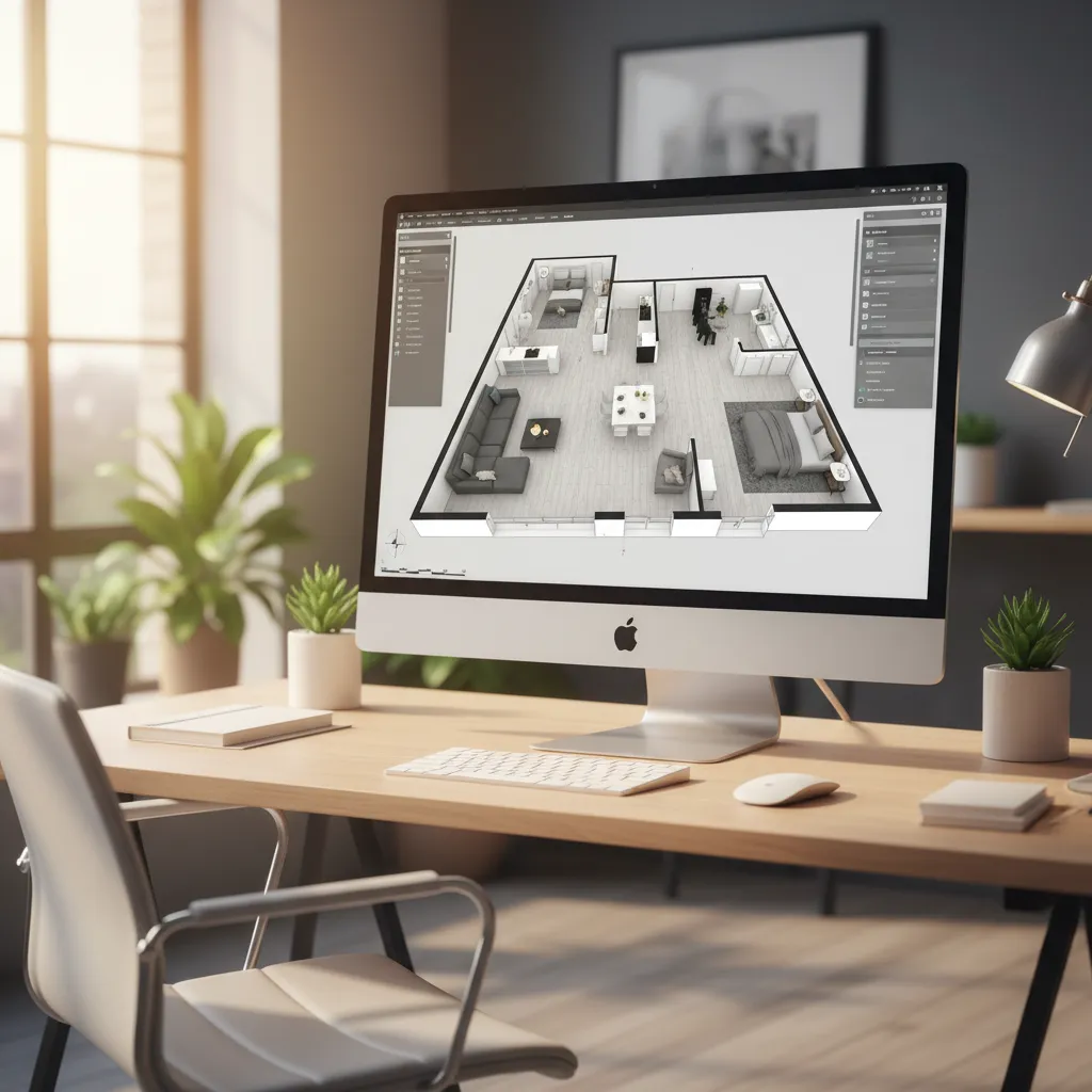 Coohom interior design drawing on a desktop computer showing a modern room layout with furniture