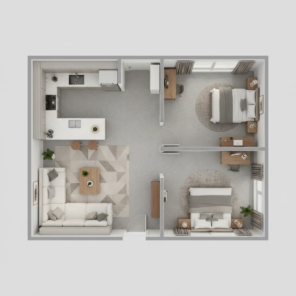 Plano de planta digital con muebles colocados en diferentes habitaciones