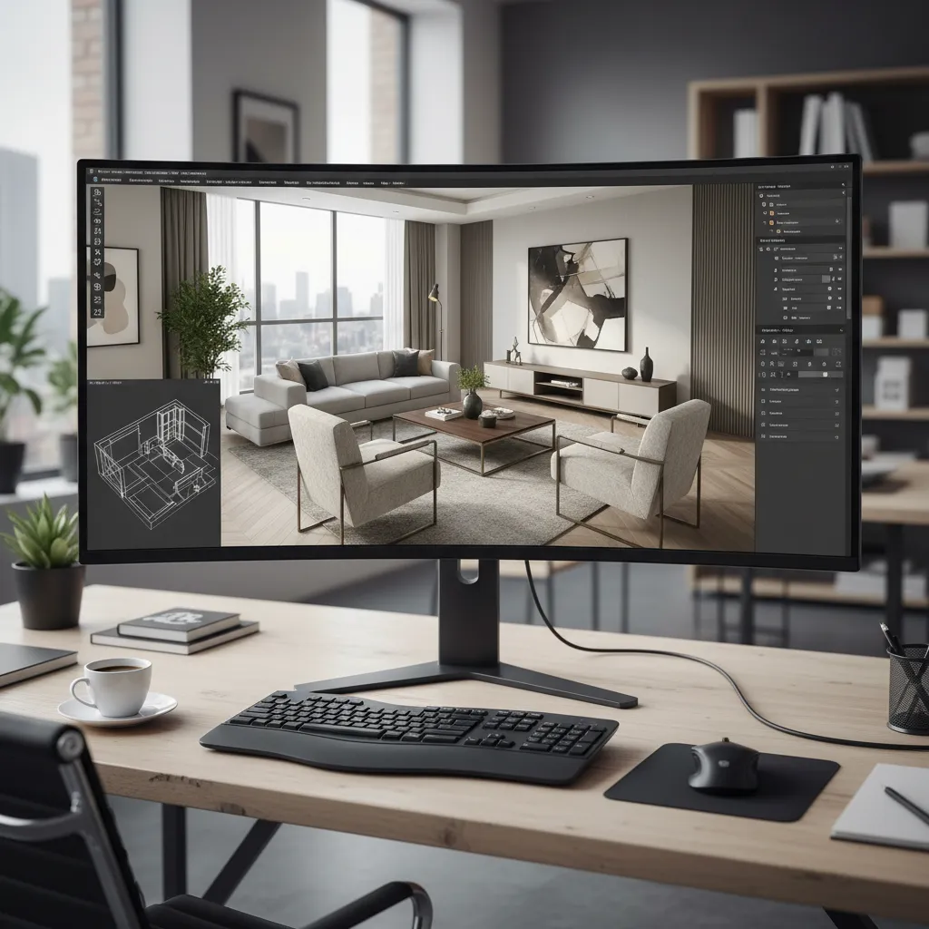 Diseño de sala en software 3D con muebles organizados en plano digital