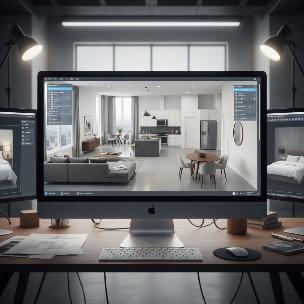 Pantalla mostrando un plano de apartamento en 3D con muebles y distribución
