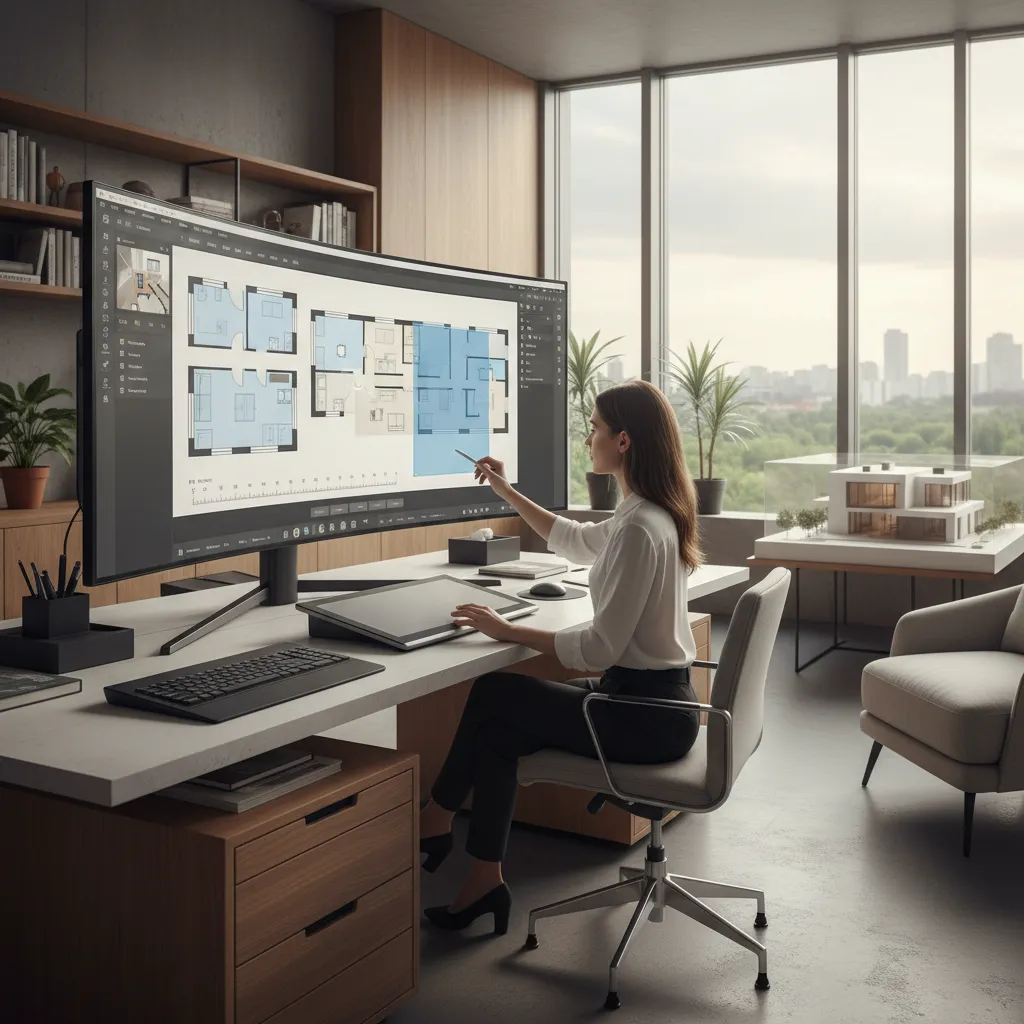 Diseñador ajustando paredes y habitaciones en un planificador digital de casas