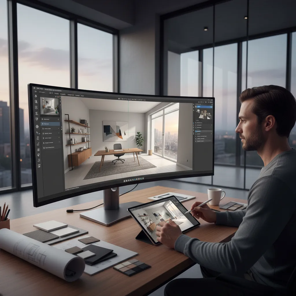 Persona utilizando software de planificación de interiores en un ordenador
