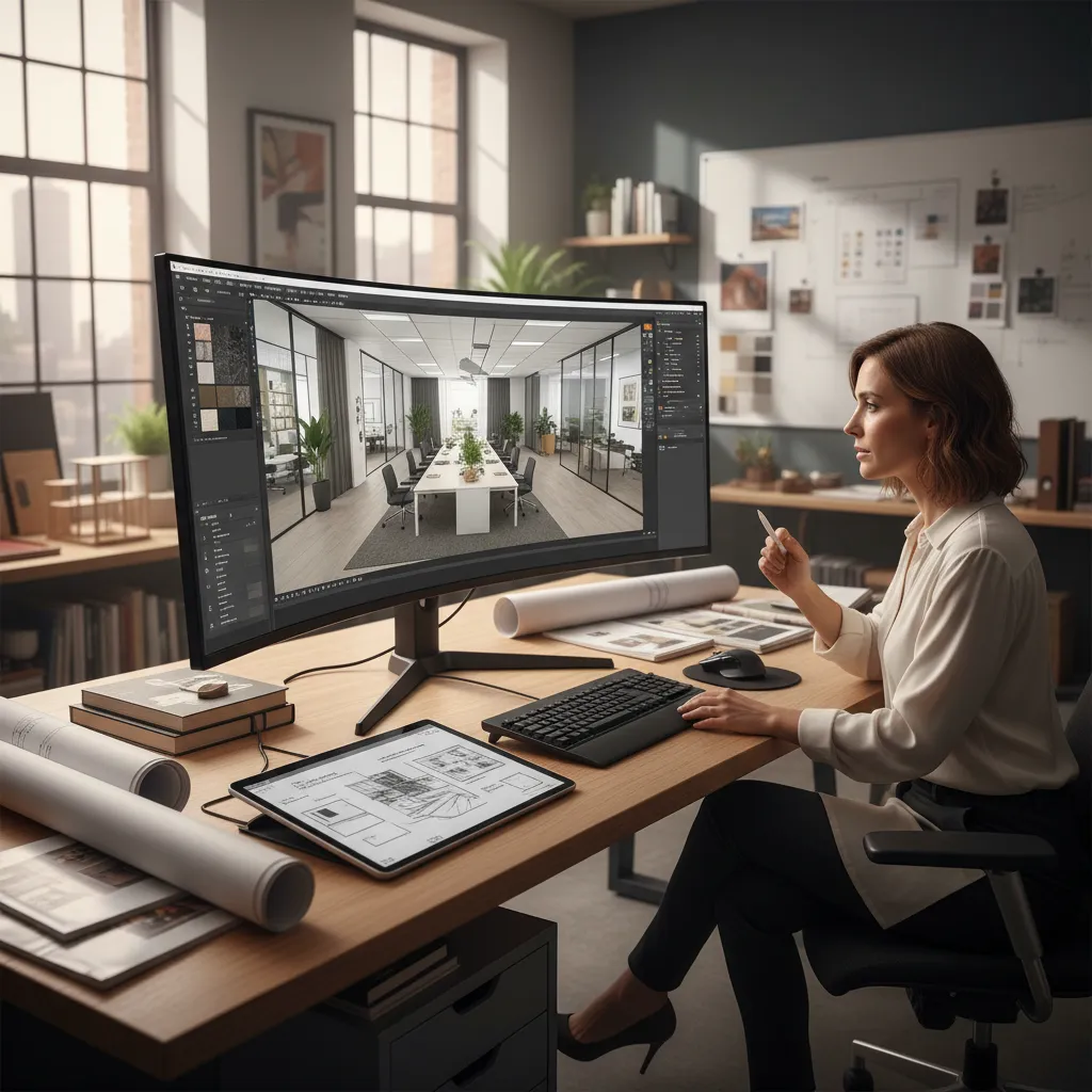 Persona diseñando la distribución de una oficina en un software de planificación