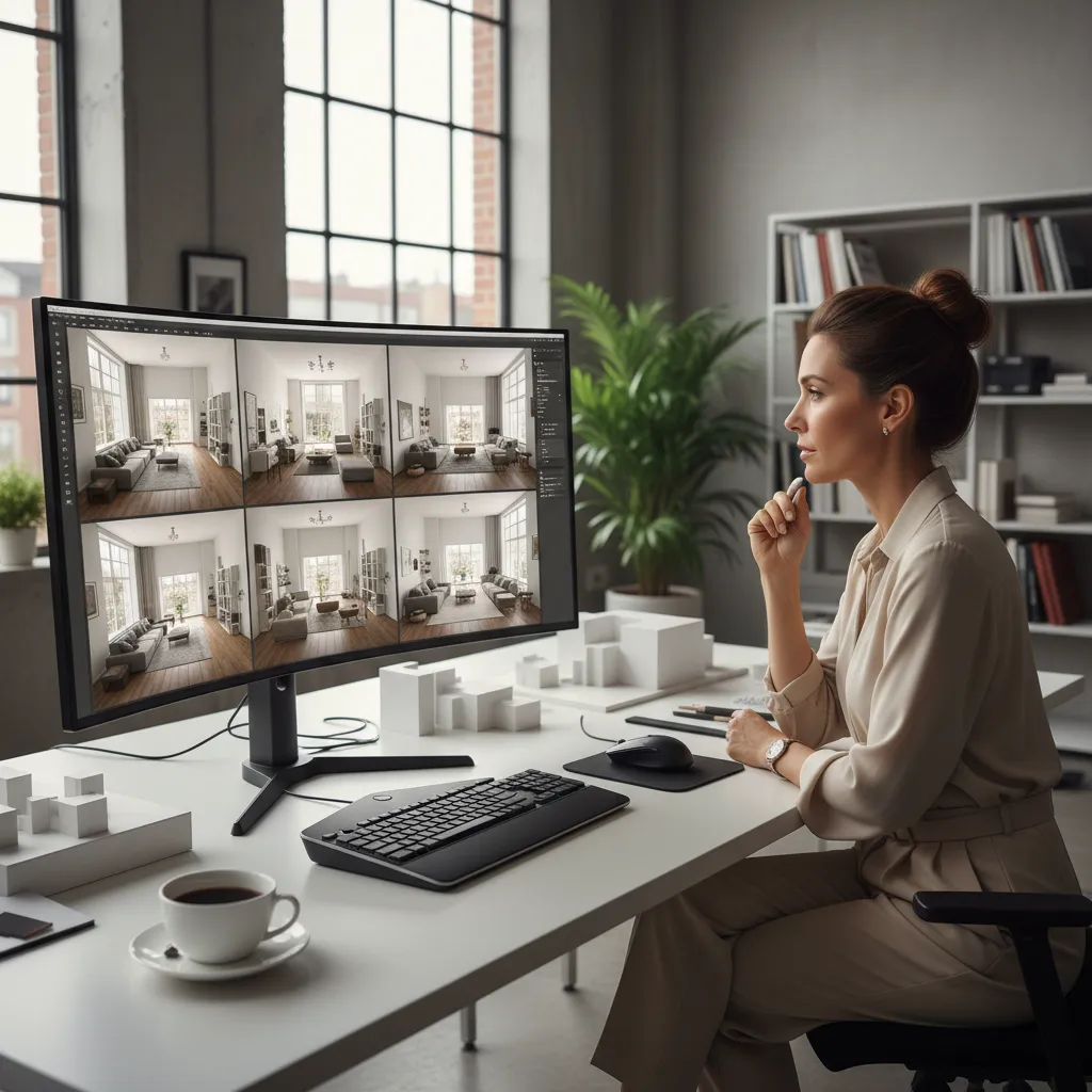 Diseñador probando diferentes configuraciones de muebles en una habitación digital