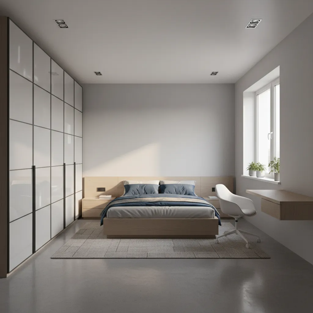 Minimalist bedroom design featuring white walls, large white cabinet, wooden bed, and small home office