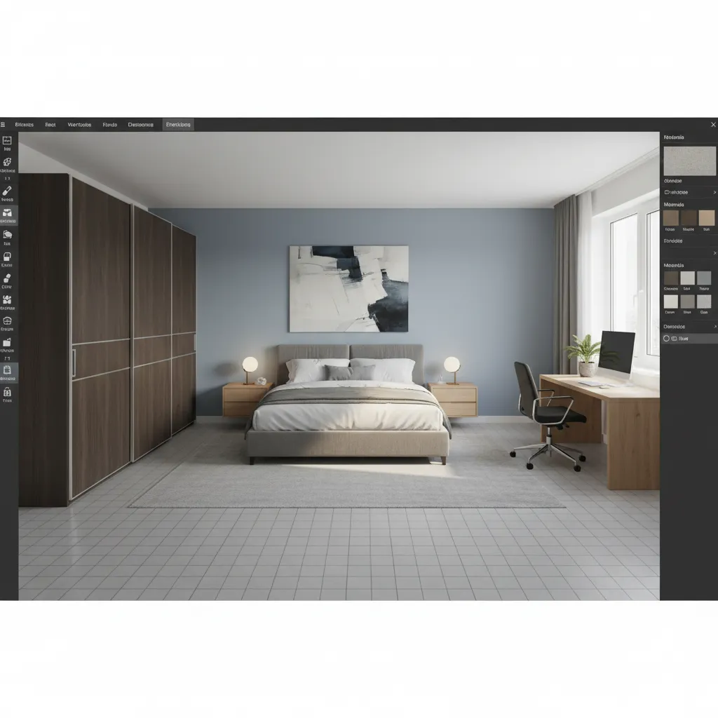 Diseño digital de una habitación con muebles organizados en 3D