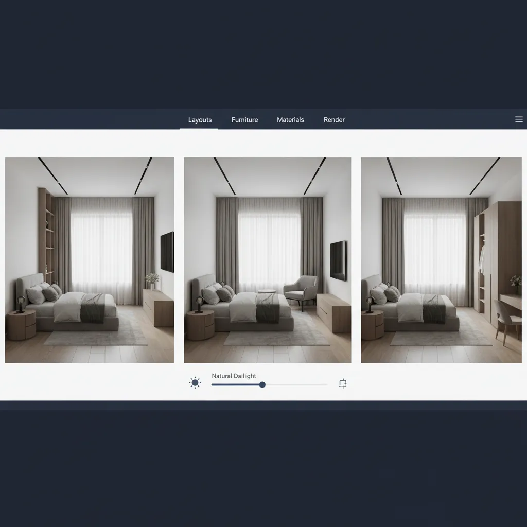 Interface showing three bedroom layout options with different furniture arrangements and a natural light slider