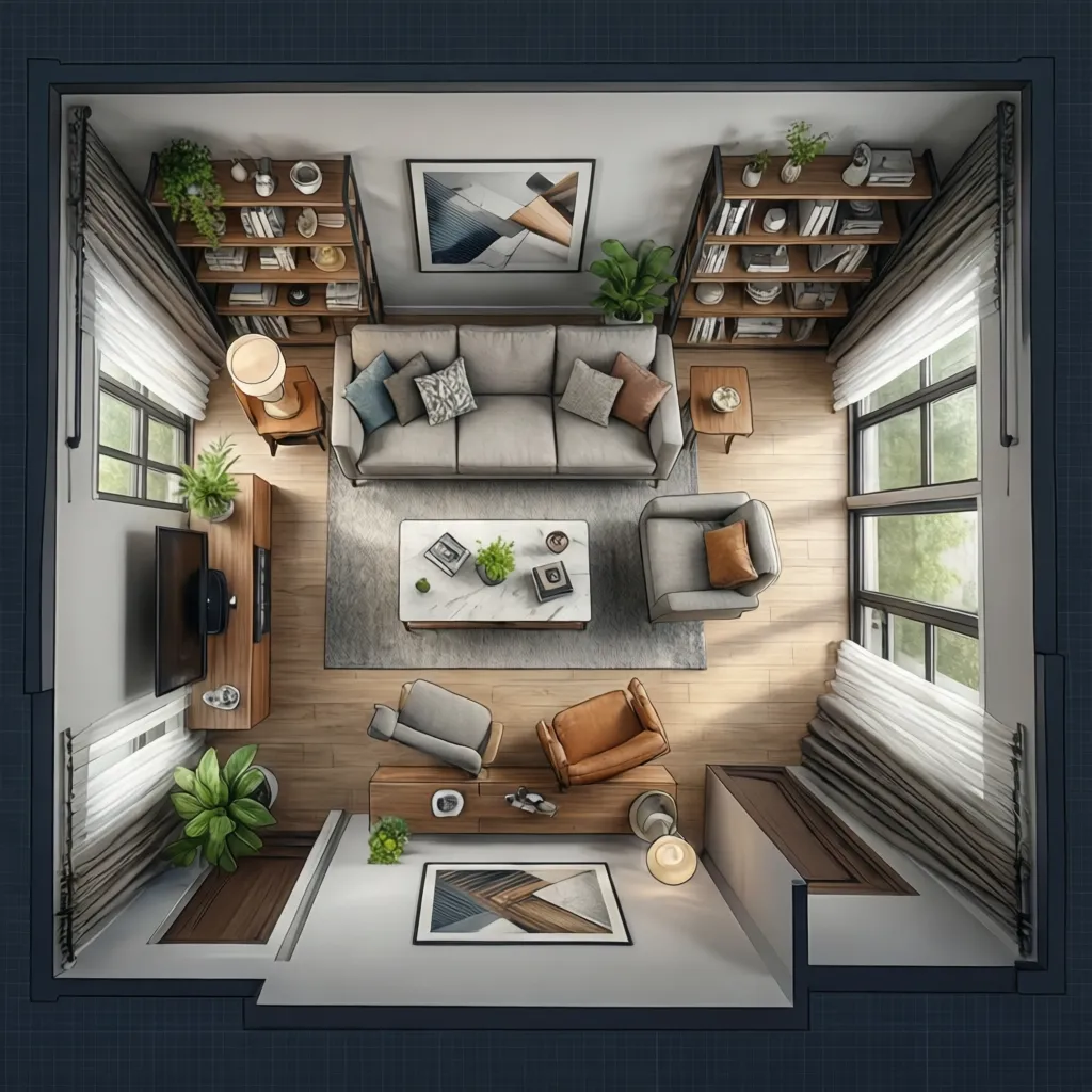 Plano digital de una sala con muebles colocados en un software de diseño