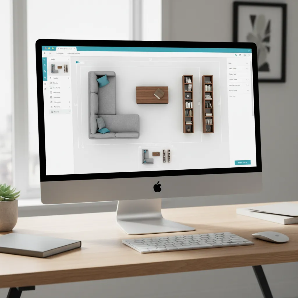 Interfaz de una app mostrando un plano de salón con muebles colocados