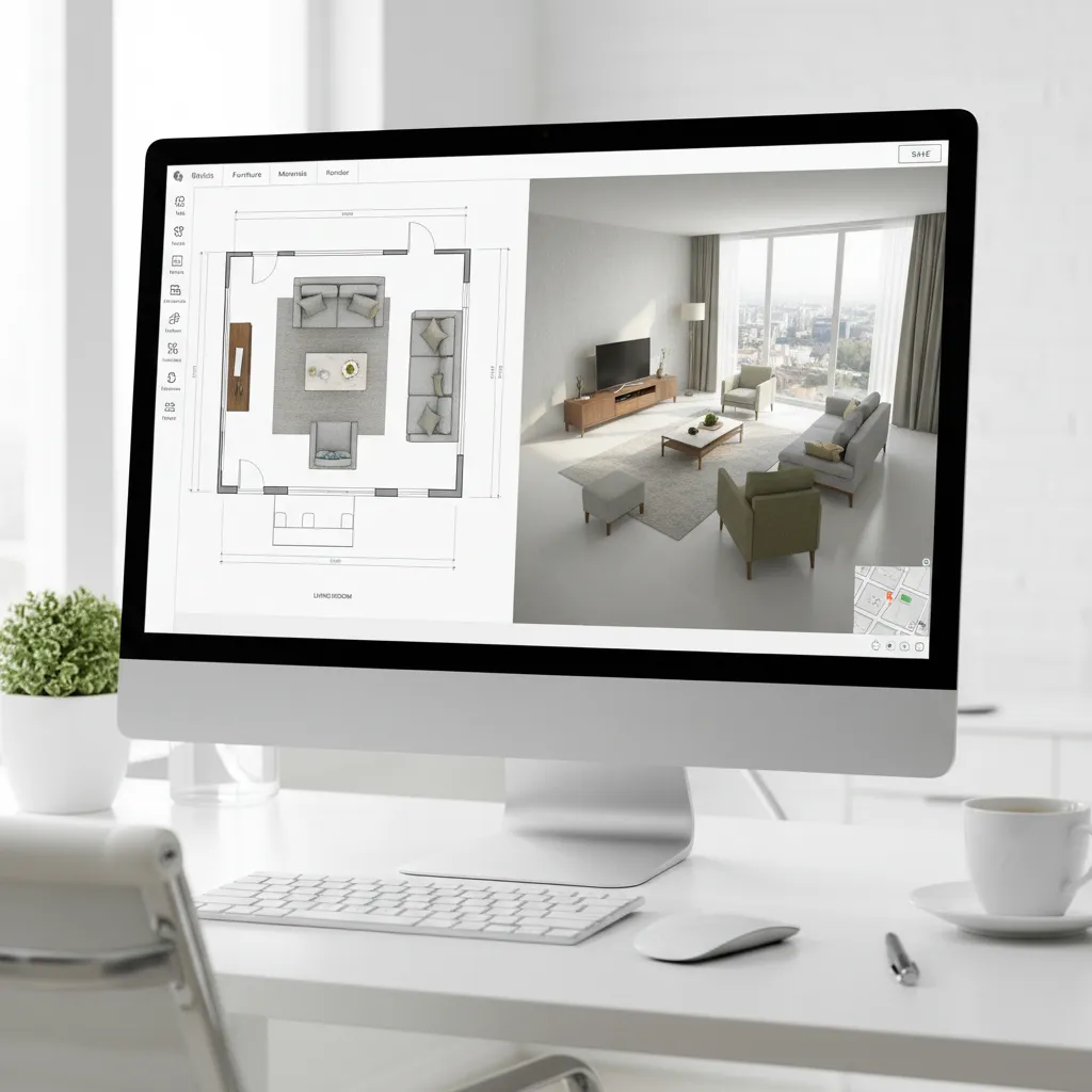 interfaz de planificador de habitación con plano 2D y vista 3D