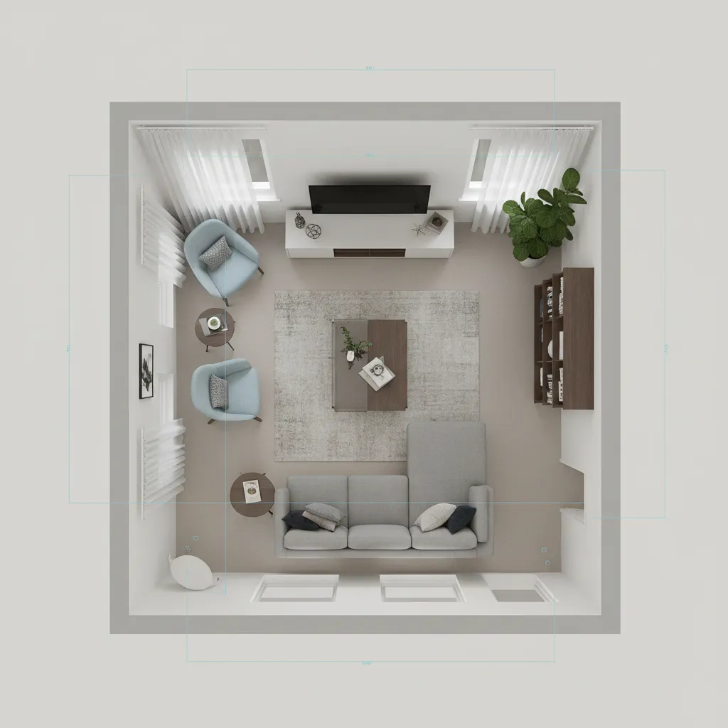 Plano 3D de habitación con muebles organizados digitalmente