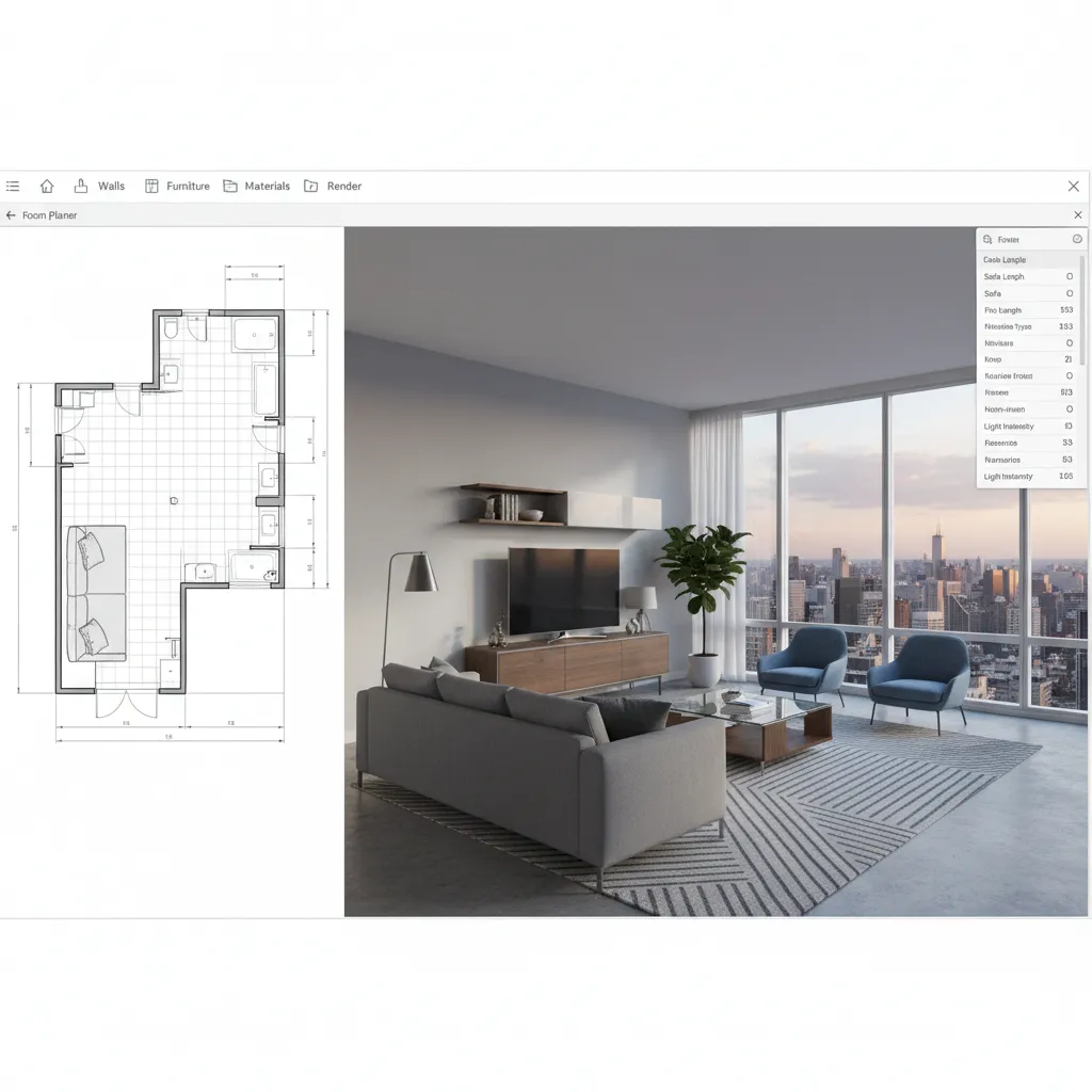 modelo 3D de una habitación con muebles organizados en software de diseño
