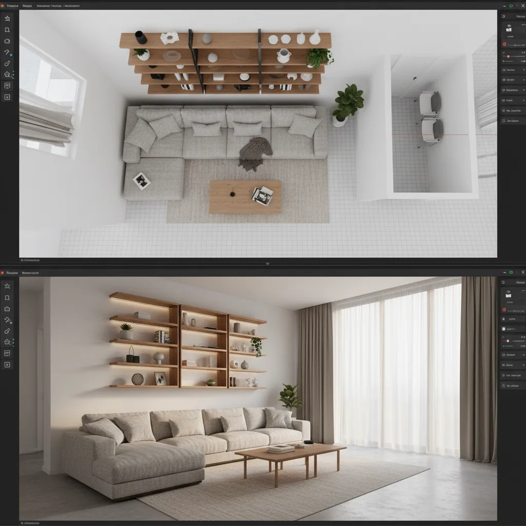 vista de una habitación diseñada en un planificador 3D con muebles colocados
