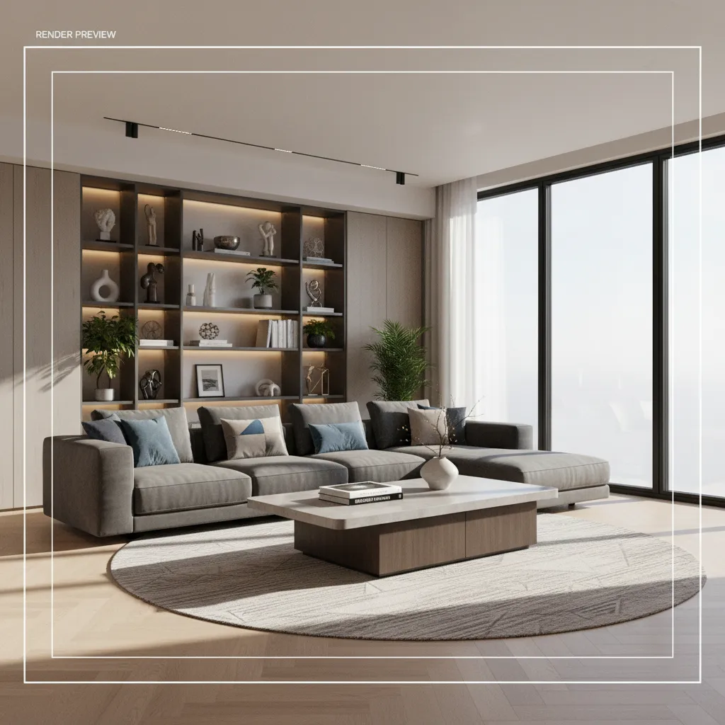 Modern living room with grey sofa coffee table round rug bookshelf windows and wood floor