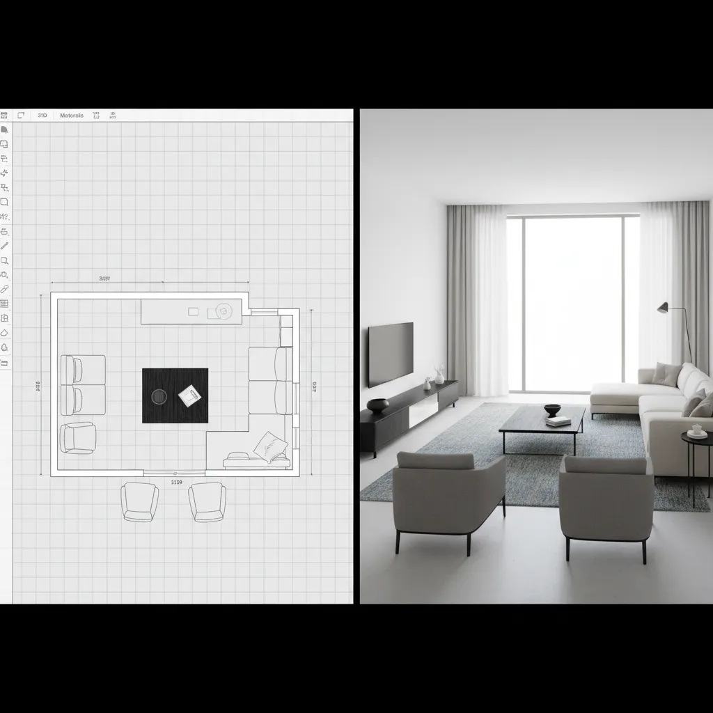 Comparison between a 2D room layout on a grid and a modern 3D living room