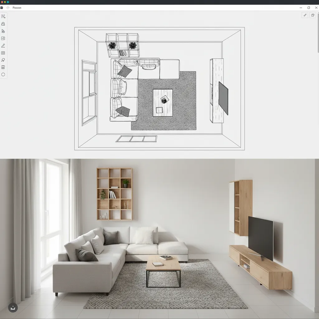 Vista de un planificador de habitación en 3D con muebles colocados digitalmente