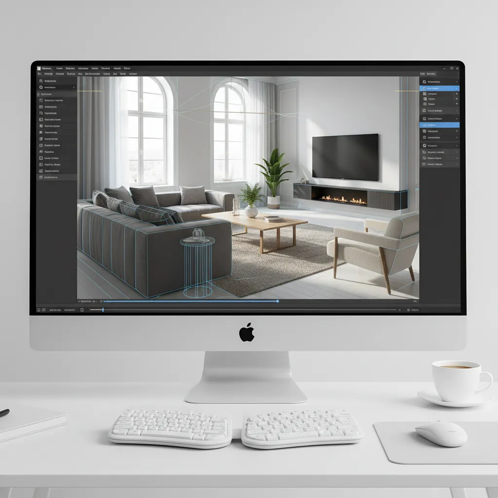 Interfaz de un programa de diseño mostrando un salón en vista 3D
