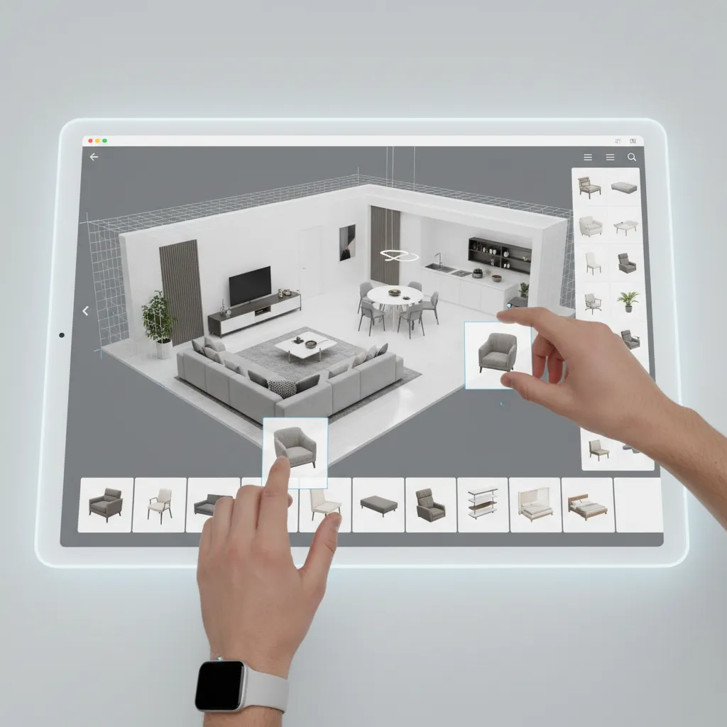 Herramienta digital mostrando diseño de habitación con muebles movibles