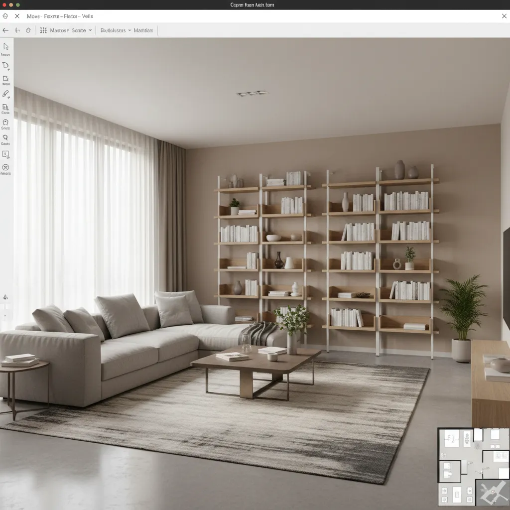 Plano digital de una habitación con muebles colocados en 3D