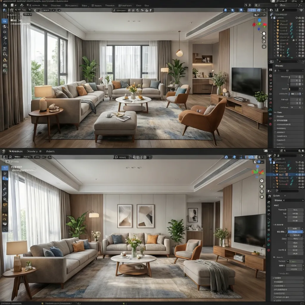 Interfaz de planificador 3D mostrando distribución de muebles en un salón