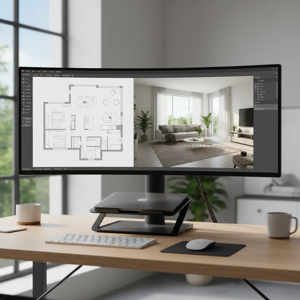Ultrawide computer monitor displaying 2D floor plan layout and 3D interior design drawing on desk