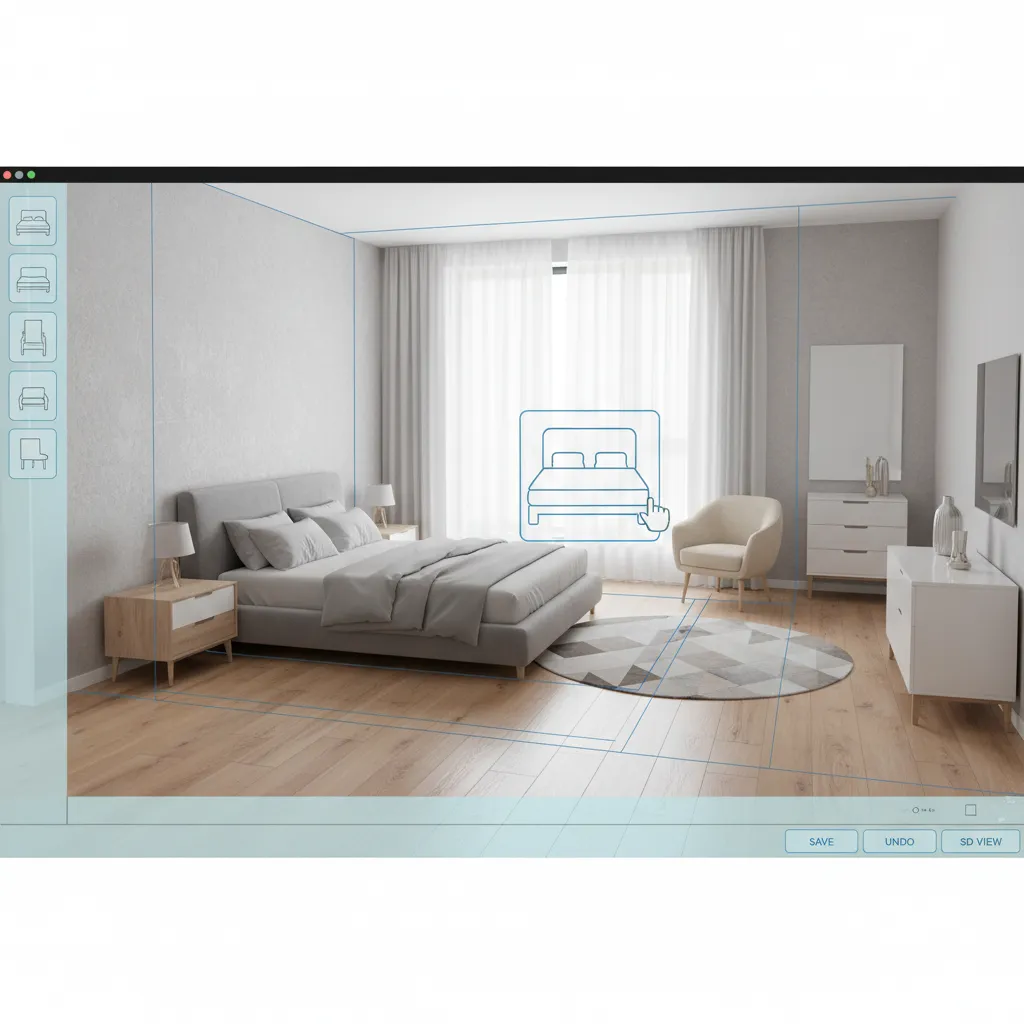 planificador digital reorganizando muebles en una habitación en 3D