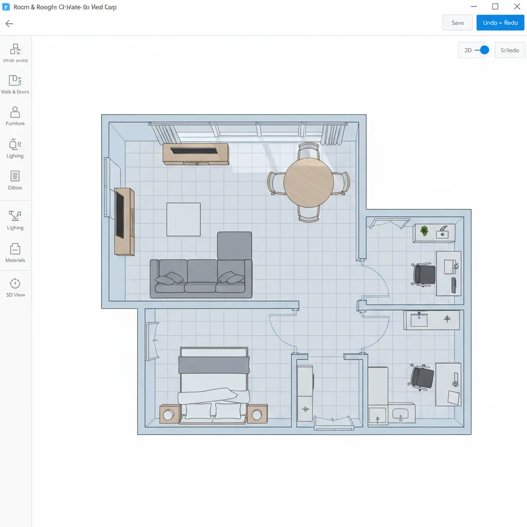Coohom 2D floor plan editor showing a small apartment layout with living room and bedroom