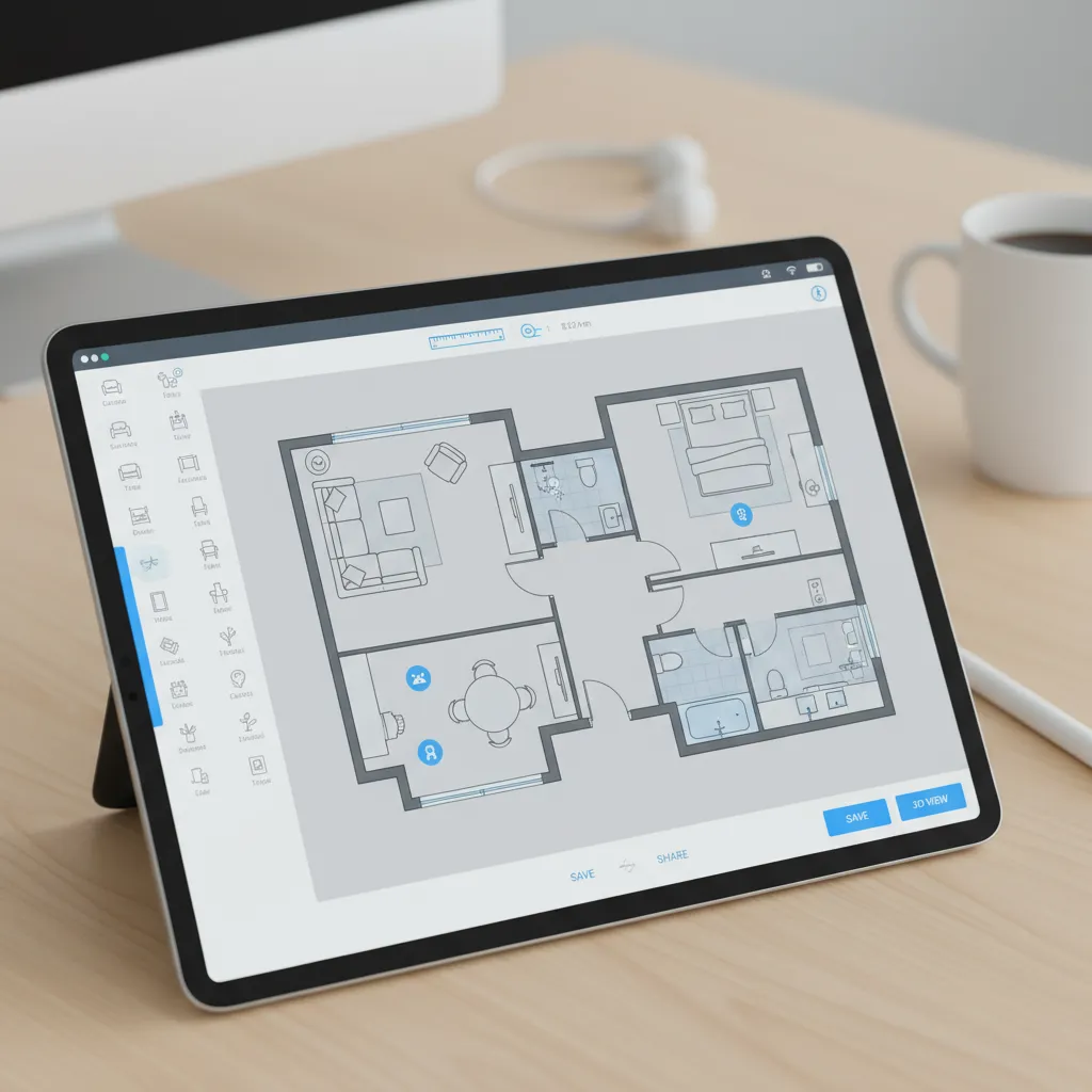 Interfaz de una app mostrando un plano de habitación con muebles colocados