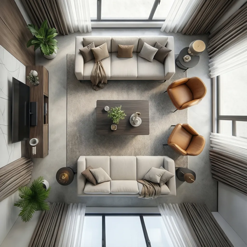 Plano digital de una habitación con muebles organizados en una aplicación de planificación