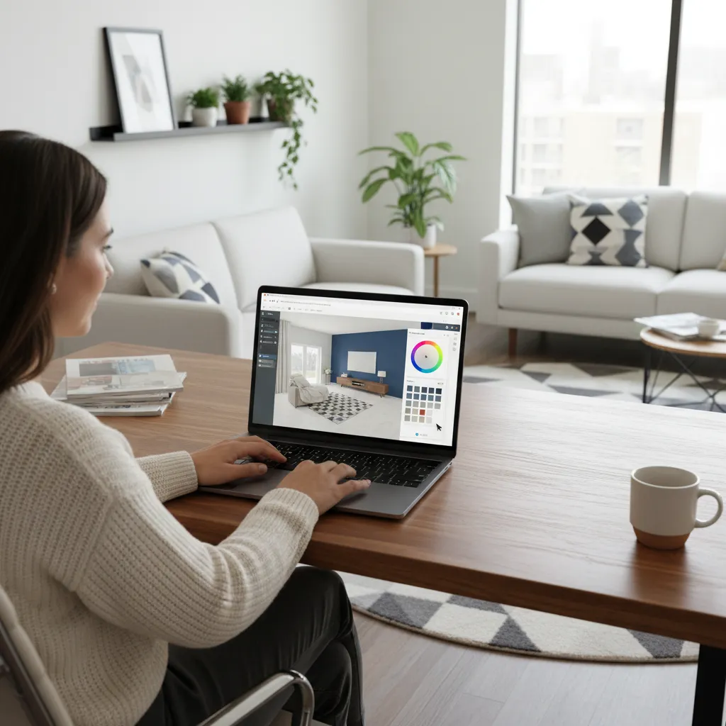 Person using online design tool on laptop to change living room wall color to blue