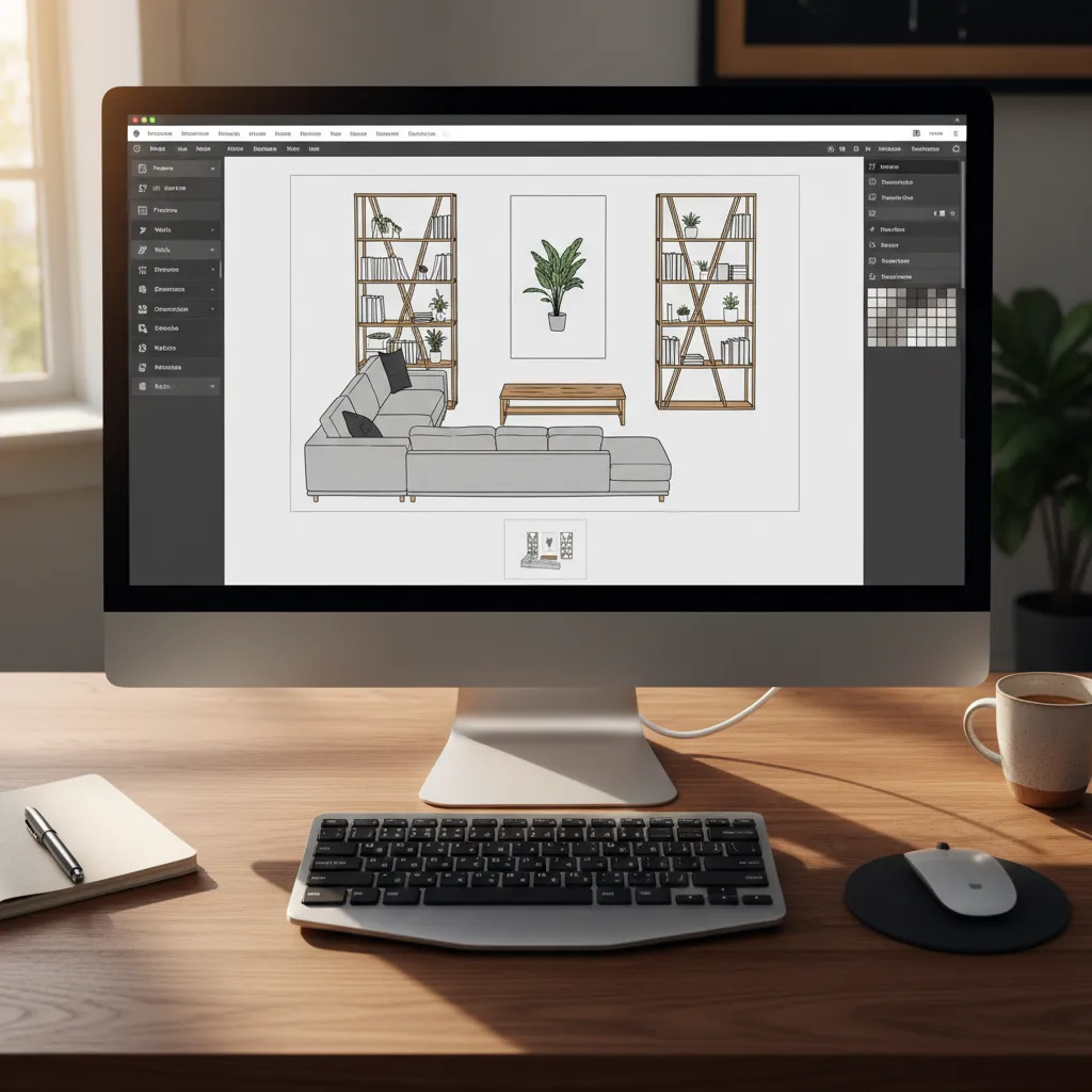 Computer monitor showing an interior design drawing with grey sofa, shelves, and green plant layout