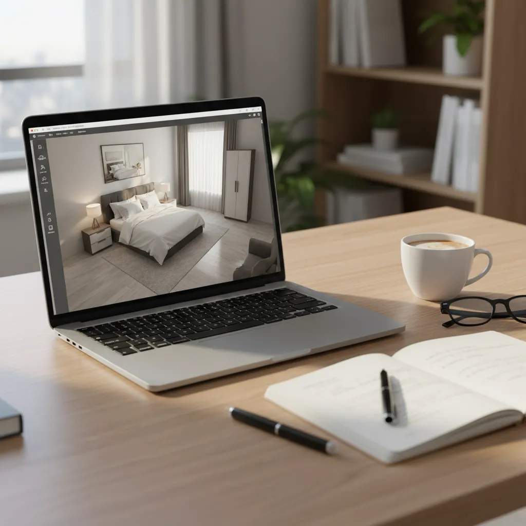 Laptop showing a bedroom interior design drawing on wooden desk with coffee cup and notebook