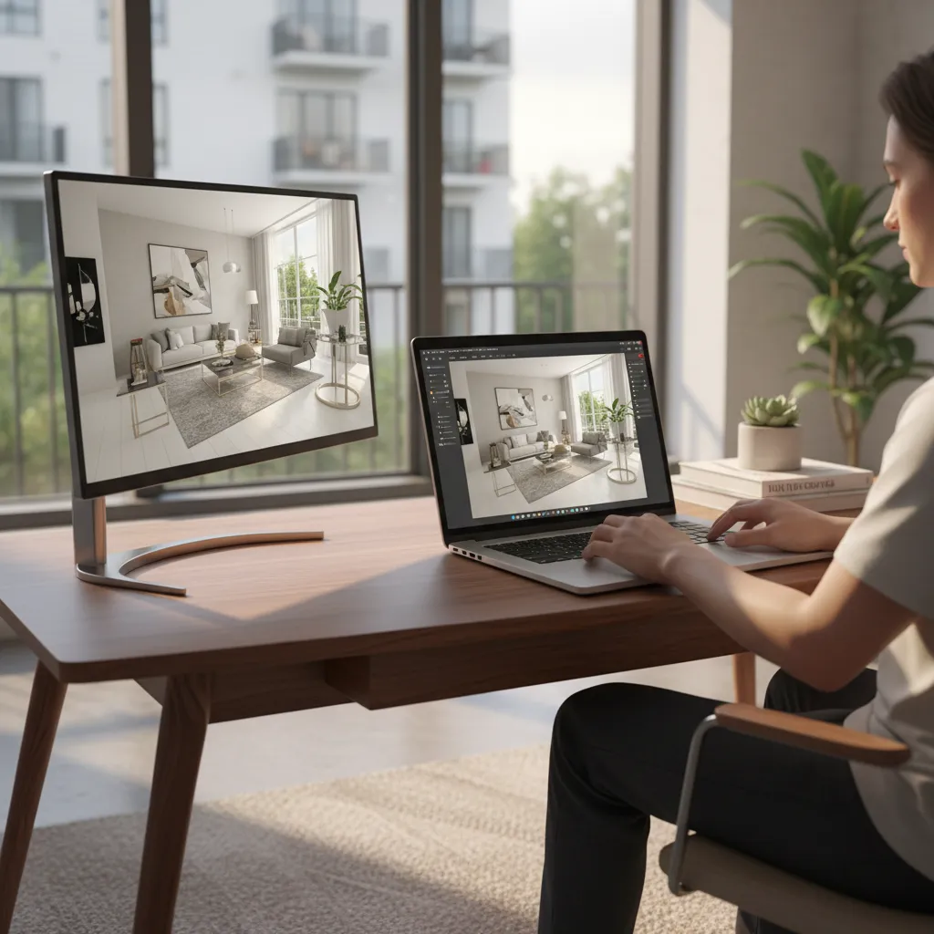 Designer using laptop and monitor to create a modern interior design drawing for living room